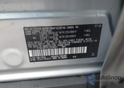 2020 Toyota Rav4 Le z USA, uszkodzony, nr VIN 2T3H1RFV1LC076027